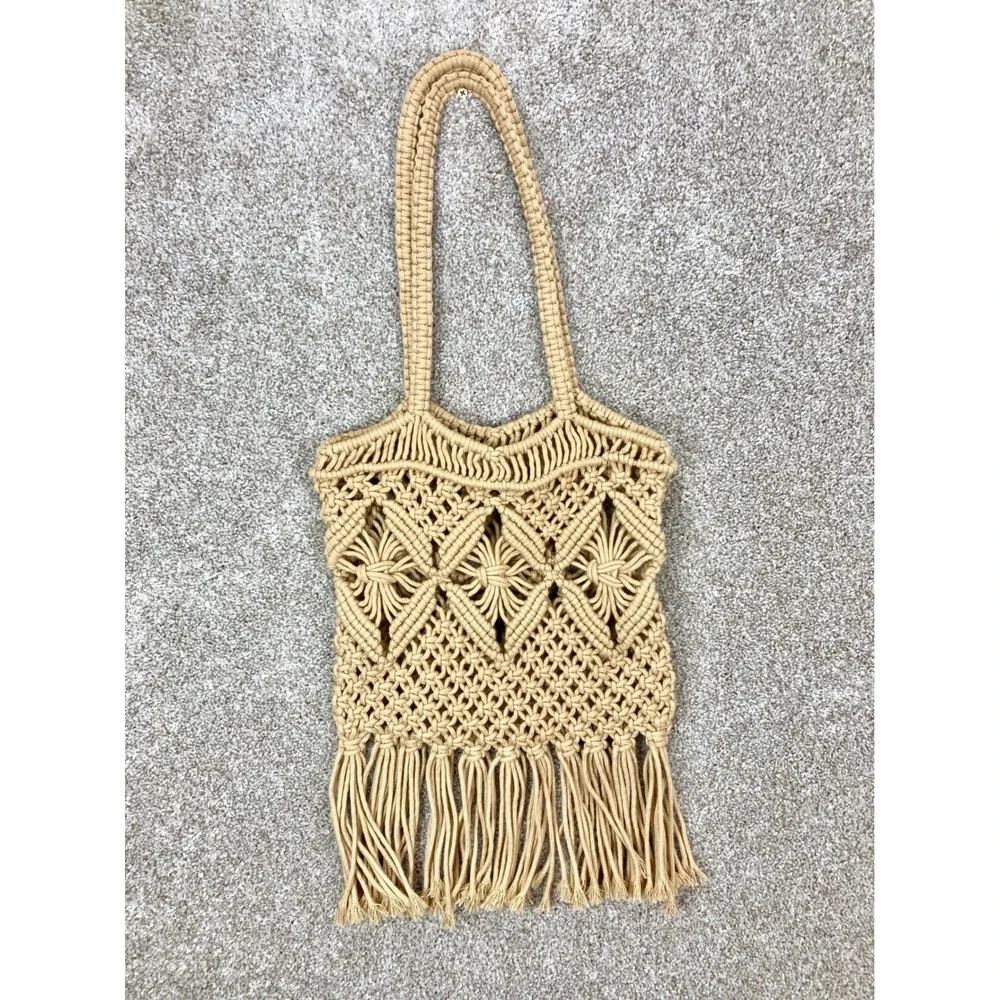 Macrame Fringe Boho Tote Bag Tan Woven Shoulder Bag Handcrafted Beach Summer